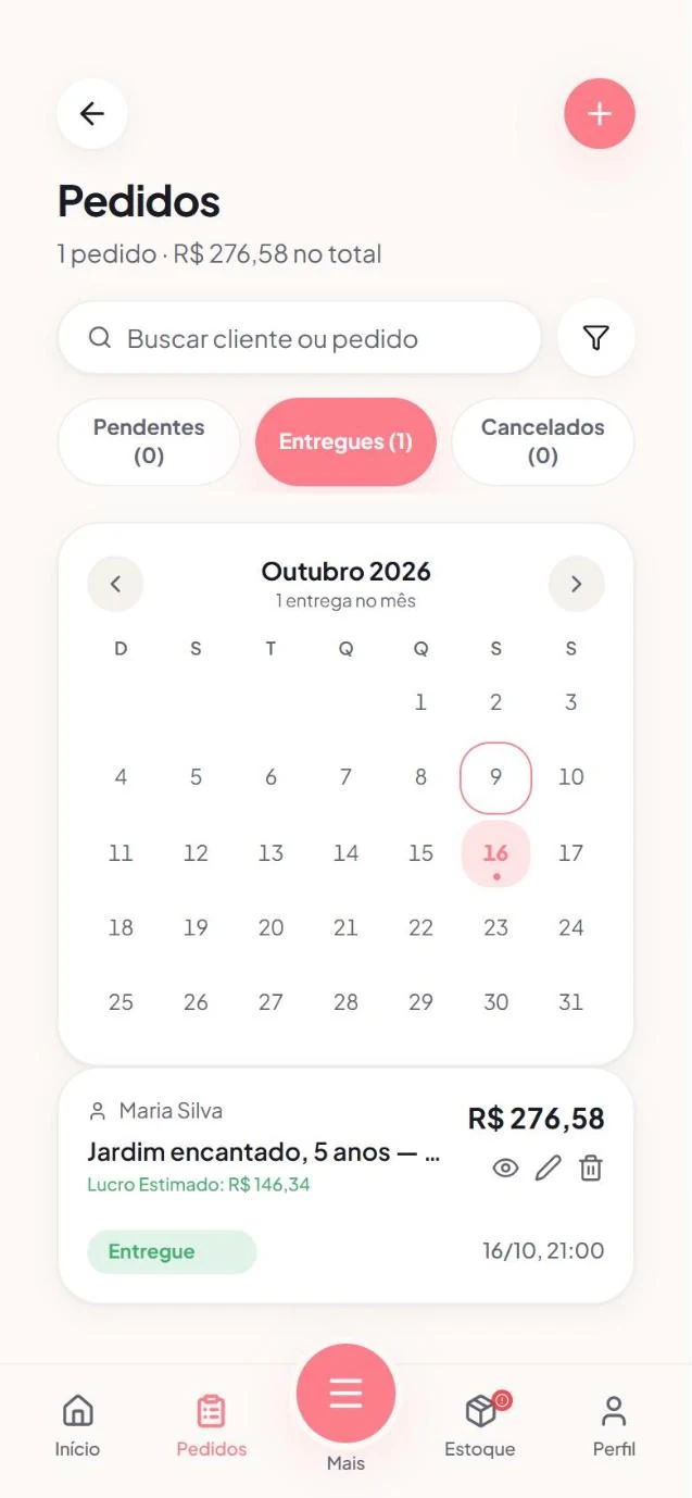 Calendário de entregas dos pedidos no celular