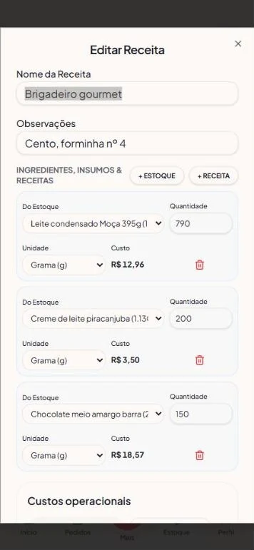 Ficha técnica do brigadeiro com os insumos e o custo de cada um